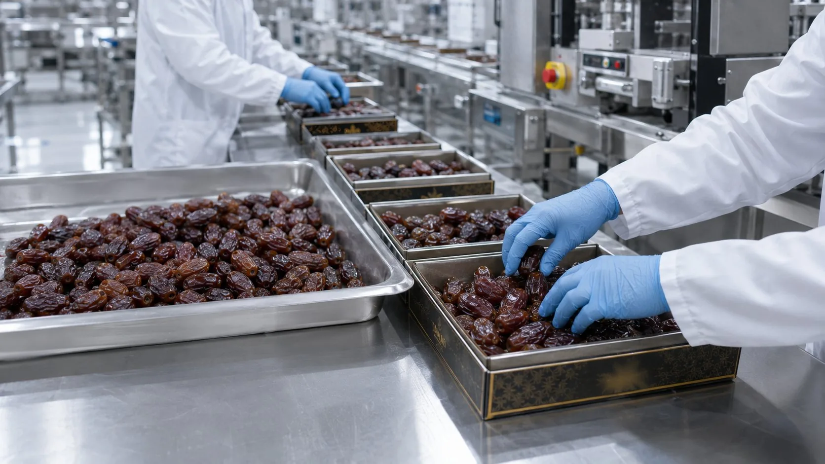 Hands in blue gloves packing premium dates into gift boxes on the production line